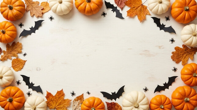 Halloween festive border of pumpkins, bats, leaves, and spiders on white background