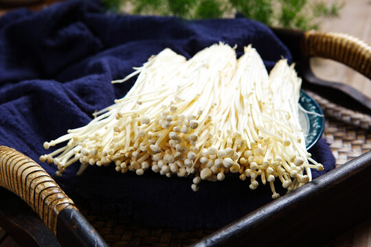 Fresh Enoki Mushrooms White Plate Raw Vegetable Still Life