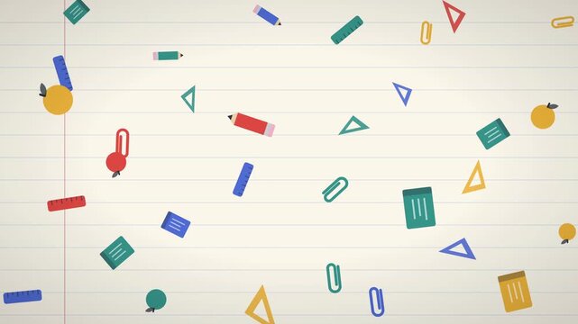 Animated school supplies like pencils rulers apples and paper clips falling on lined paper background
