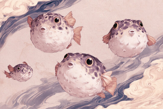 Artistic oriental illustration of cute round blowfish swimming in swirling sea waves, Japanese style vintage watercolor ocean life pattern banner background with puffer fish aquatic art