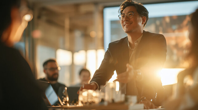 Business meeting office teamwork handshake smile success professional presentation collaboration sunlight corporate man entrepreneur manager leader conference colleagues group startup discussion