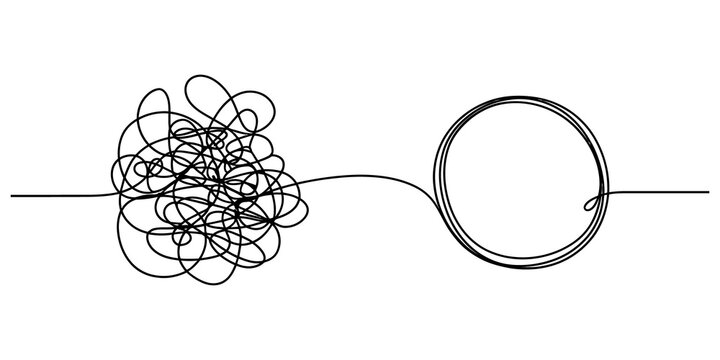 Messy line turning into a neat circle representing problem solving and order