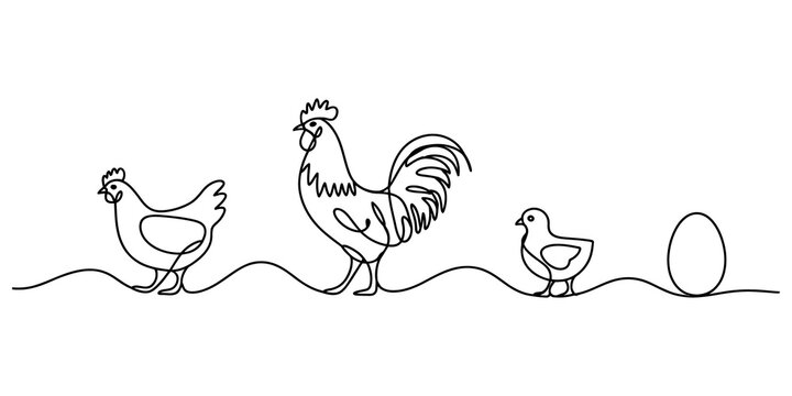 Continuous line drawing of a rooster hen chick and egg on a farm