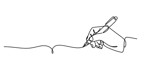 Obraz premium Continuous single line drawing of a hand holding a pen writing on paper
