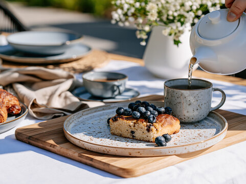 Breakfast table outdoor sunny coffee pastry blueberry plate cup teapot brunch croissant wooden board dessert bakery ceramic speckled napkin white tablecloth flower vase garden daylight relaxation