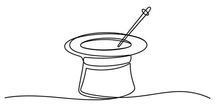 Continuous line drawing of a magic top hat and wand