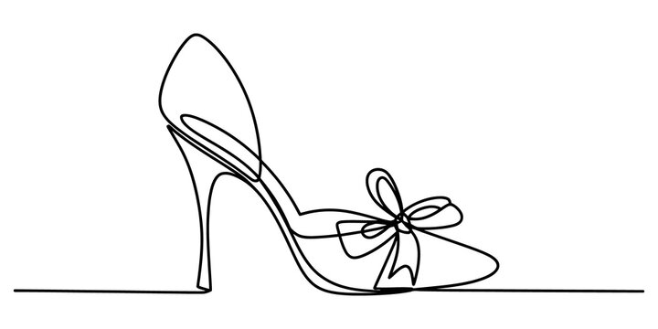 Single continuous line drawing of a high heel shoe with a bow