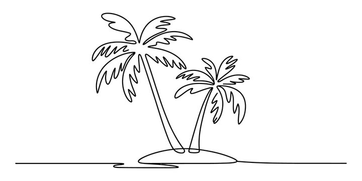 Continuous line drawing of two palm trees on a small tropical island