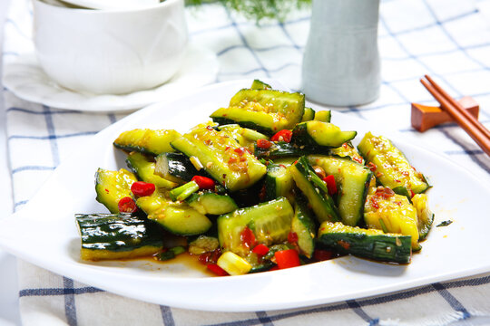 Smashed Cucumber Spicy Cold Salad White Ceramic Plate