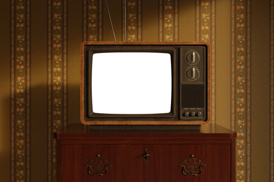 3D Rendering of an old television with isolated PNG screen in front of a retro floral wall