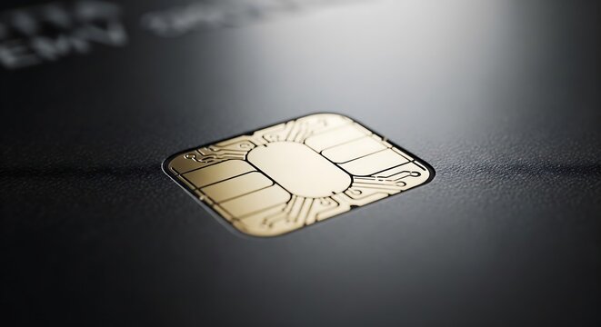 Macro close up of golden credit card chip with soft lighting and dark textured background representing financial technology
