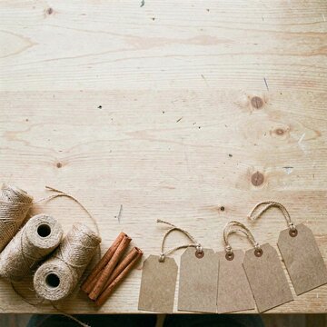 Kraft paper tags and twine spools on wooden table