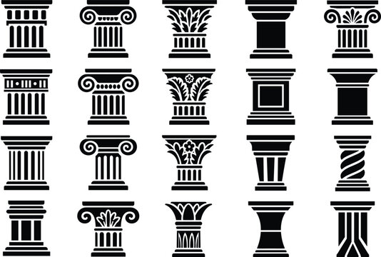 Set of classic architectural pillars and column capitals in black silhouette