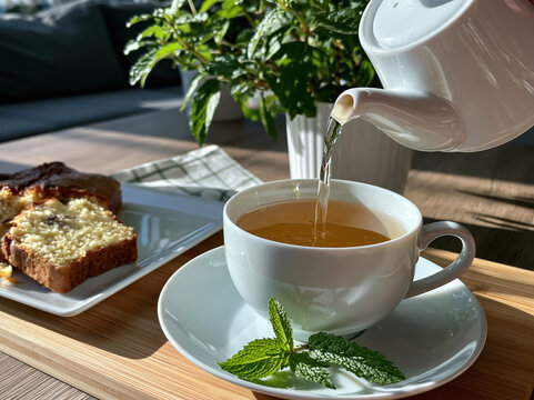 White cup herbal tea mint leaf teapot breakfast cake wooden table natural light home interior relaxation morning beverage hot drink saucer dessert slice loaf greenery potted plant steam