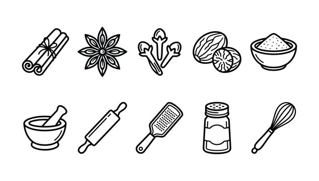 Minimalist black outline icon set of aromatic baking spices culinary ingredients and kitchen cooking utensils