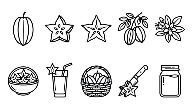 Minimalist black outline icon set of tropical carambola star fruit harvesting cooking elements and sweet jam products