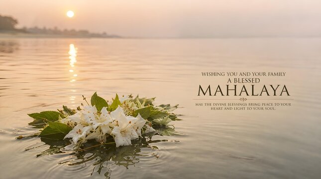 Floating White Flowers on Sacred Ganges River Water at Sunrise for Happy Mahalaya Festival Greeting Banner and Peaceful Worship Offering Background
