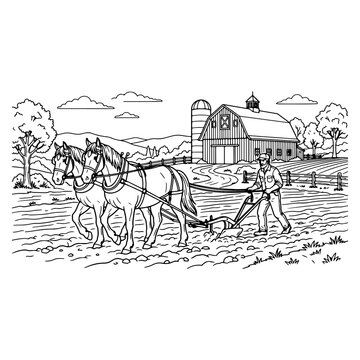 Farmer plowing field with two horses on a rural farm