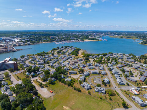 Town River mouth to Fore River aerial view including Bay Pointe Marina and Germantown in Quincy, Massachusetts MA, USA.
