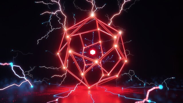 Neon geometric shape radiates energy. Red lines form complex structure against dark background. Electric blue sparks surround it.