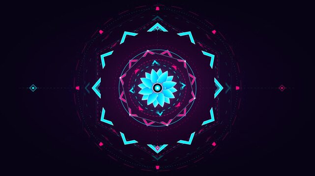Glowing neon mandala interface rotates with futuristic cyber geometric patterns and blooming lotus flower