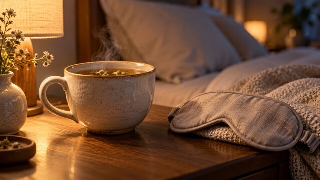 Steaming herbal tea beside sleep mask on bedside table in cozy bedroom. Sleep and rest routine. Bedtime relaxation and self care. Evening wellness ritual. Home comfort