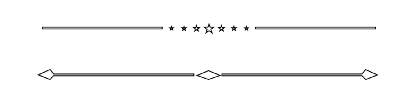 Decorative page line divider vector star ornament border accent outline rules separator set elements isolated on white background