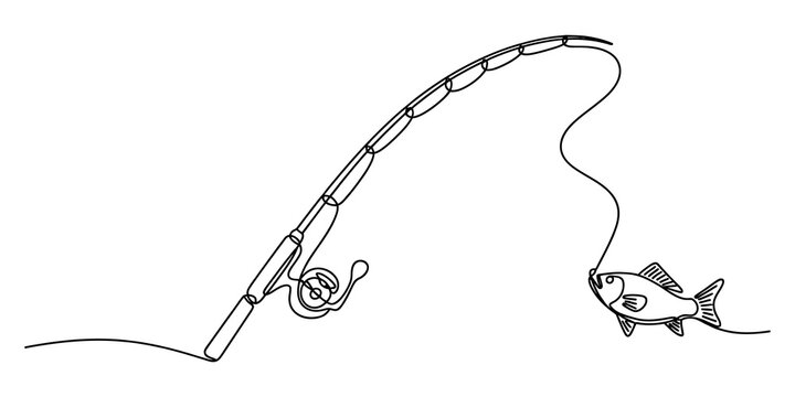 Black and white line drawing of a fishing rod catching fish
