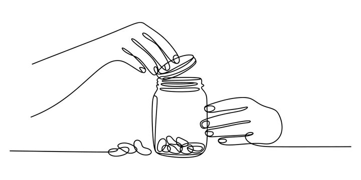 Continuous line drawing of hands putting peanuts into a glass jar