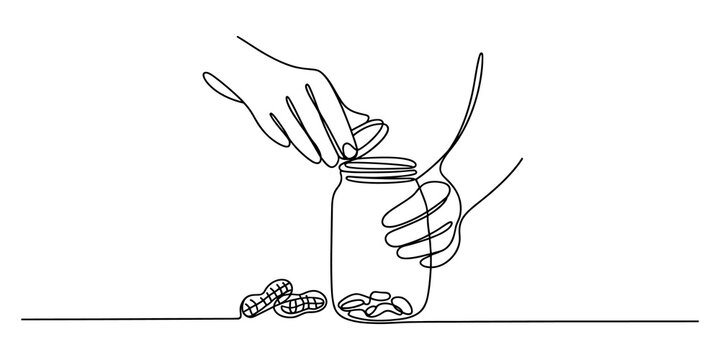 Continuous line drawing of hands putting peanuts into a glass jar