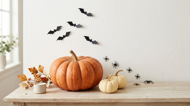 Halloween decor: pumpkin, spiders, bats & autumn leaves on wooden table