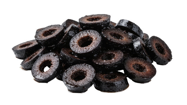 Pile of sliced black olives glistening with oil, isolated on transparent background