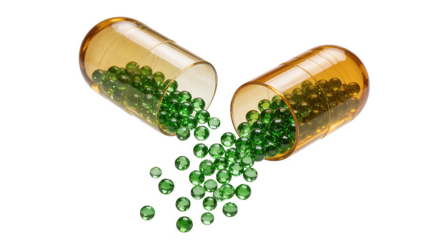 Amber gelatin capsule spilling green gel beads, isolated on transparent background
