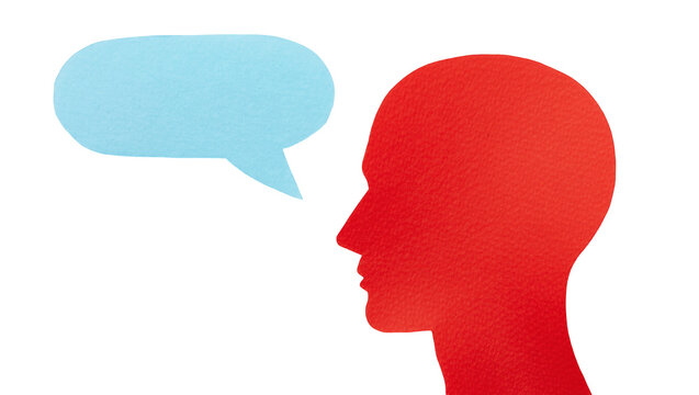Red human head silhouette with a blue speech bubble, isolated on transparent background