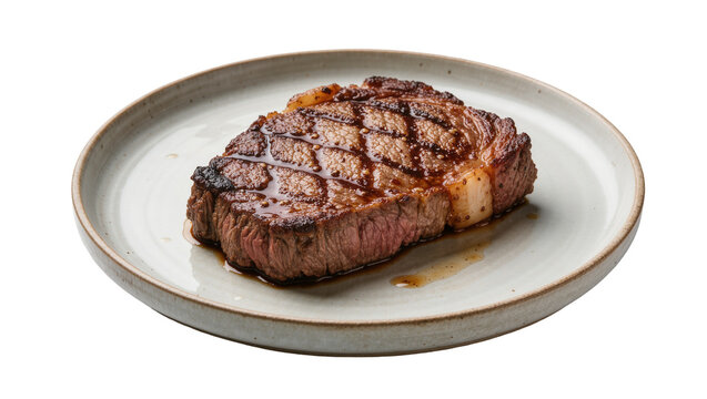 Juicy grilled ribeye steak with grill marks, served on a ceramic plate isolated on transparent background