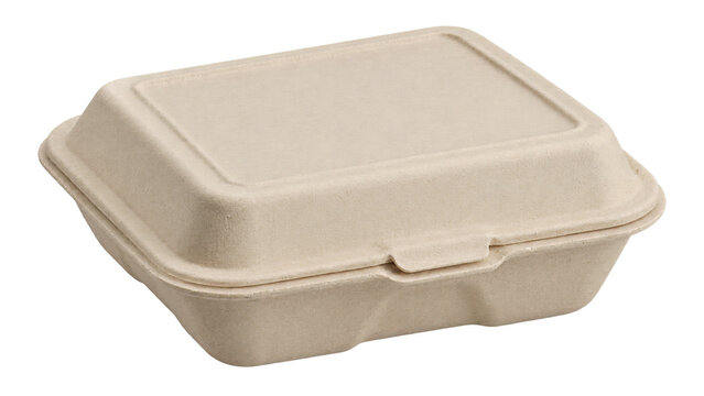 Closed beige molded fiber clamshell food container shown from an elevated angle. The disposable hinged box has a textured pulp surface and a front locking tab.