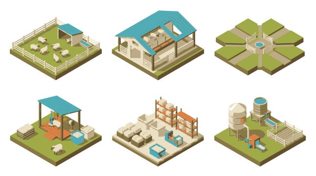 Isometric illustrations of various farm buildings and structures with animals and agricultural elements.