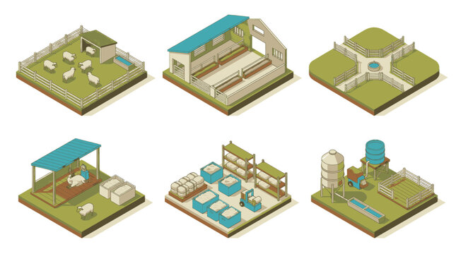 Isometric illustrations of different farm structures and animal enclosures.