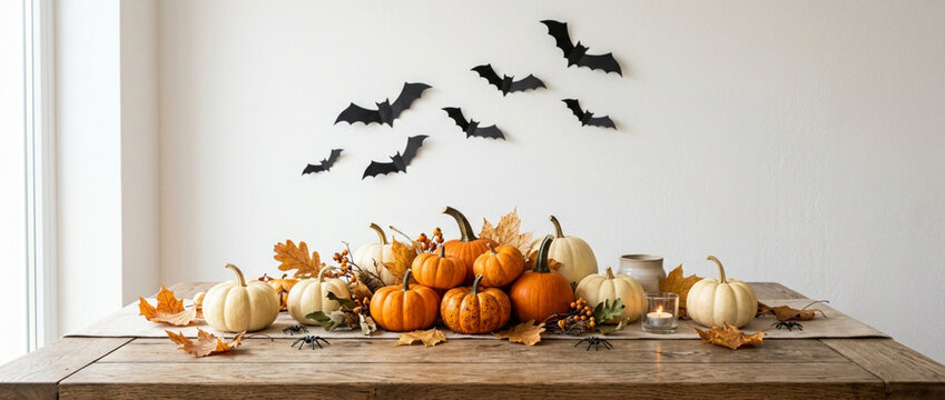 Halloween decor with pumpkins, bats, leaves, and candles on a wooden table