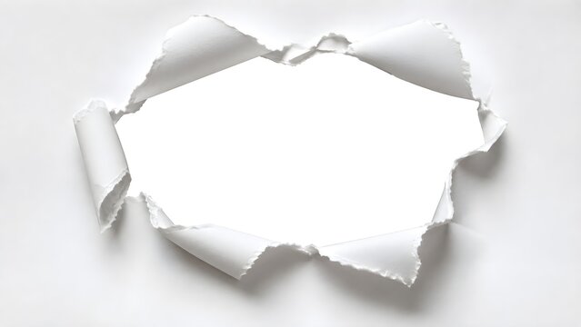 Ripped hole in white paper with curled rough edges and soft shadow, torn opening frame on white background, blank copy space