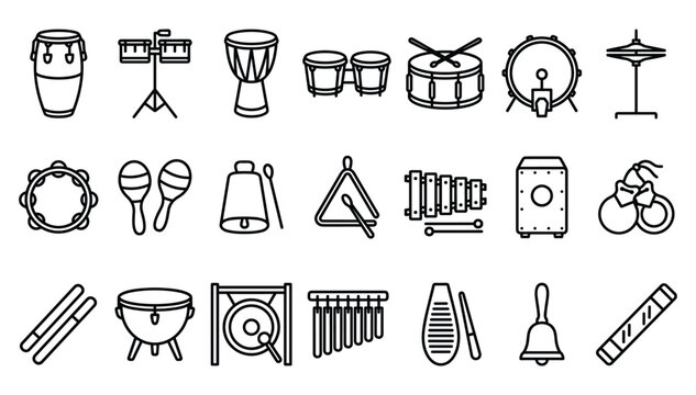 Minimalist black outline percussion musical instruments icons set featuring various drums xylophone cymbals and hand percussion symbols