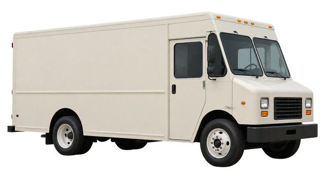 White step van delivery truck shown from a front three quarter angle with a large enclosed cargo body, black bumper, windshield, side door, and rugged wheels isolated on transparency.