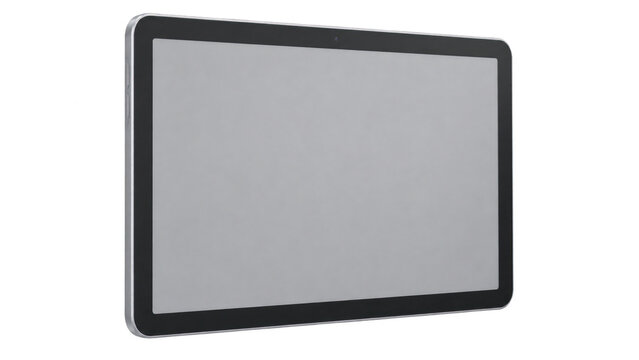 Blank black tablet computer shown in landscape orientation with a silver edge, front camera, and empty display area, isolated with a transparent background.