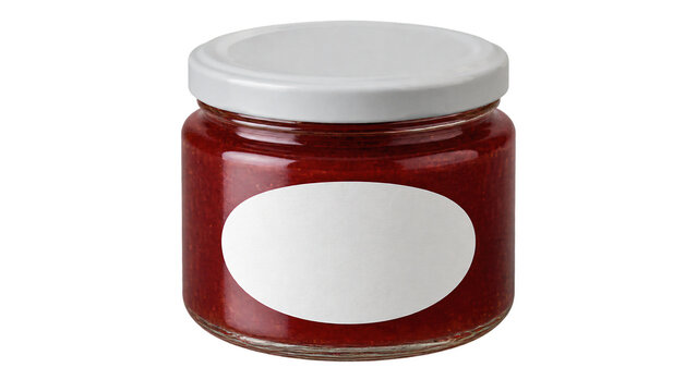 Close up of a glass jar filled with red strawberry jam, sealed with a white metal lid and featuring an empty oval paper label on the front, isolated on transparency.