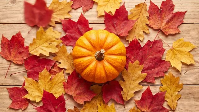 Autumn flat lay with a fresh pumpkin surrounded by colorful fall maple leaves on a rustic wooden table