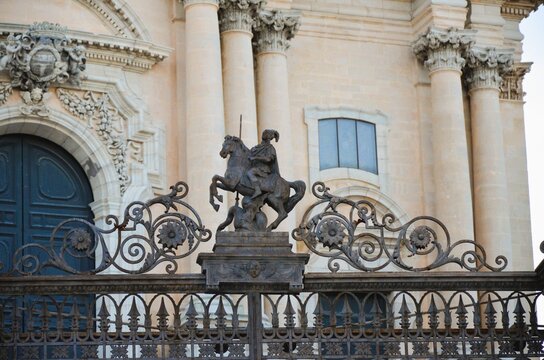 bronze equestrian sculpture situated above the imposing entrance gate of the Cathedral of San Giorgio in Ragusa Ibla