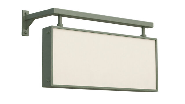 Blank rectangular hanging sign with an off white display panel and dark metal frame suspended from a wall mounted bracket, shown in angled front view with copy space.