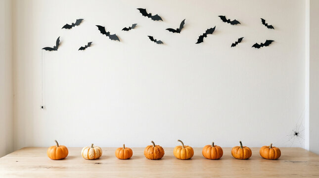 Halloween Decorations: Bats on Wall, Pumpkins on Table, Spiders
