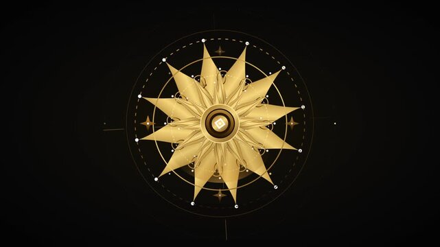 Golden celestial sun emblem with ornamental pointed rays rotating over black background