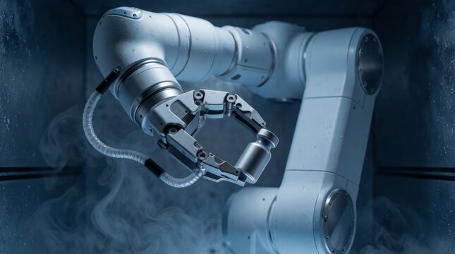 White Robotic Arm in Sub-Zero Freezer Mist